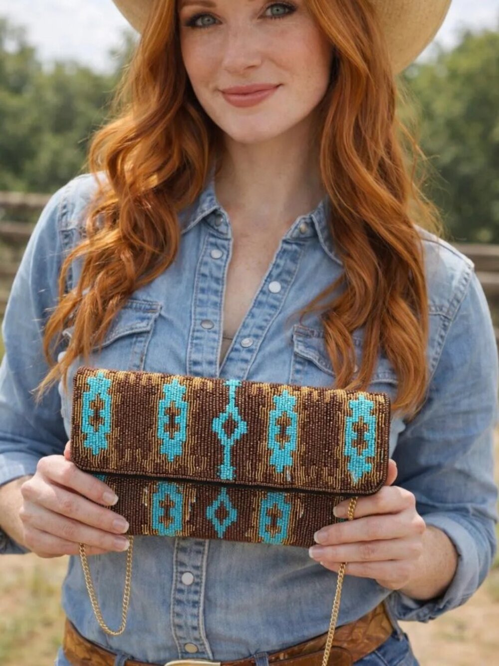 Turquoise Western Ikat Gold Metallic Thread Crossbody Clutch Handbag Seed Beaded